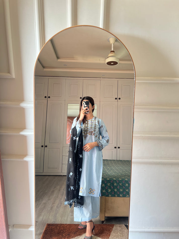 Pure Lawn stitched 3 pc Embroidered suit- SKY (Long Shirt) - Ushams Clothing