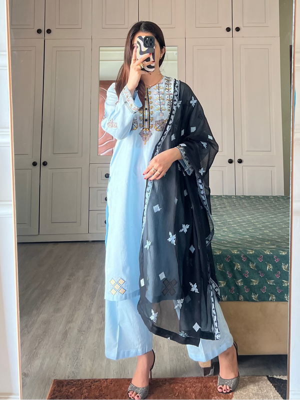 Pure Lawn stitched 3 pc Embroidered suit- SKY (Long Shirt) - Ushams Clothing