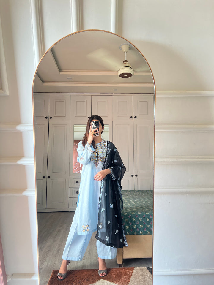 Pure Lawn stitched 3 pc Embroidered suit- SKY (Long Shirt) - Ushams Clothing