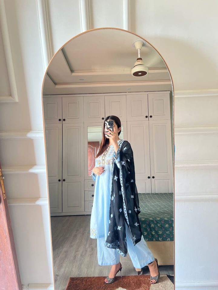 Pure Lawn stitched 3 pc Embroidered suit- SKY (Long Shirt) - Ushams Clothing