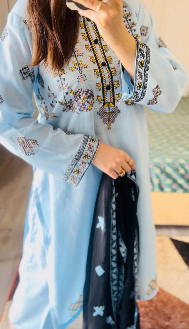 Pure Lawn stitched 3 pc Embroidered suit- SKY (Long Shirt) - Ushams Clothing