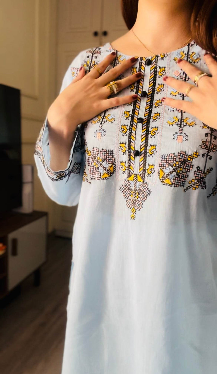 Pure Lawn stitched 3 pc Embroidered suit- SKY (Long Shirt) - Ushams Clothing