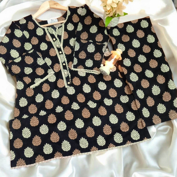 2 pc printed co-Ord set khaddar(Long Shirt)- Night - Ushams Clothing