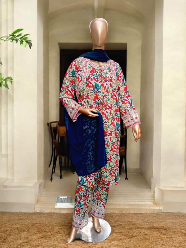 3 pc Stitched Embroidered Pure lawn suit - Flowery - Ushams Clothing