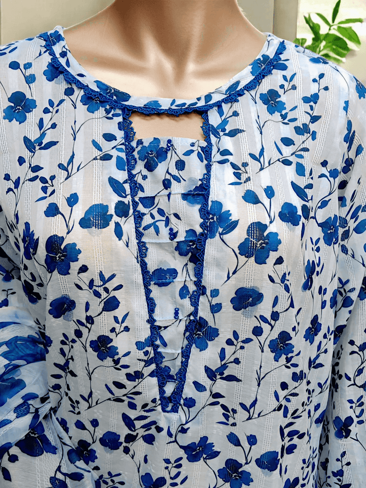 3 pc printed Doria lawn suit with shalwar- Delphinium - Ushams Clothing