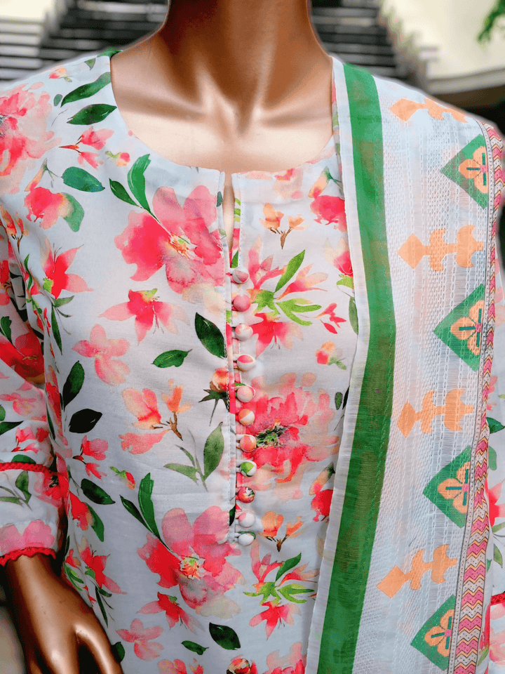 3 pc printed Swiss lawn suit with shalwar - Blossom - Ushams Clothing