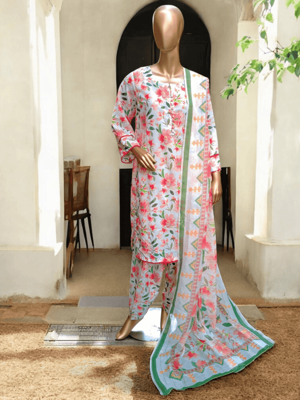 3 pc printed Swiss lawn suit with shalwar - Blossom - Ushams Clothing