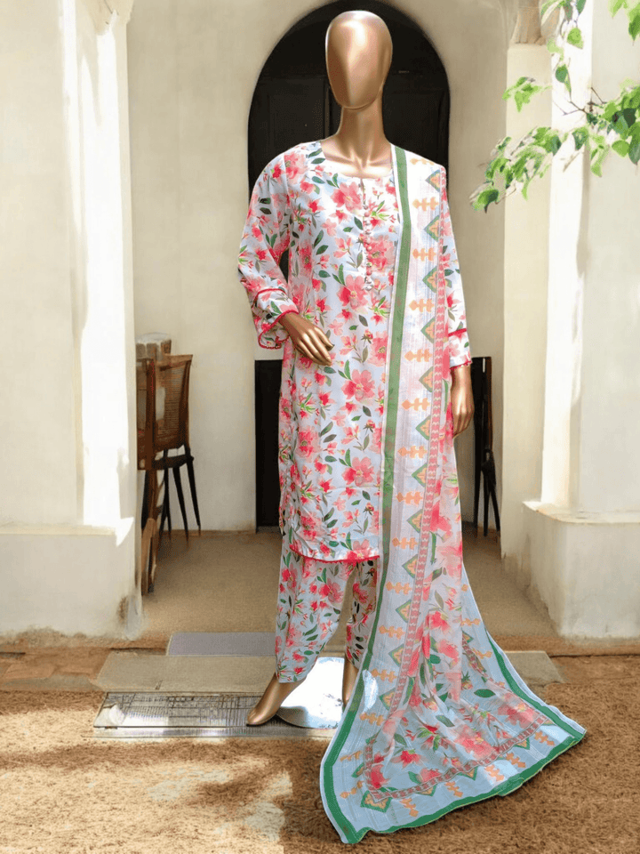 3 pc printed Swiss lawn suit with shalwar - Blossom - Ushams Clothing