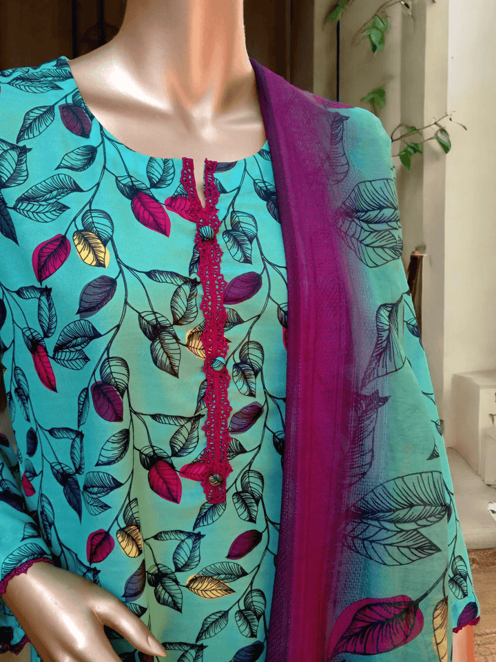 3 pc printed Swiss lawn suit - Pistachio - Ushams Clothing
