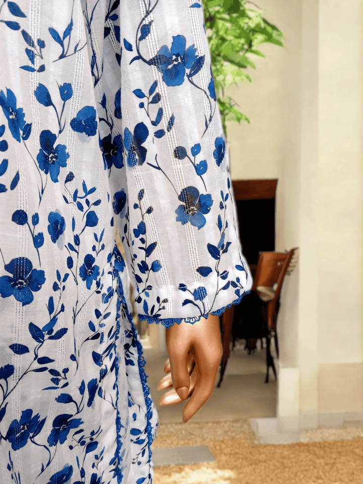 3 pc printed Doria lawn suit with shalwar- Delphinium - Ushams Clothing